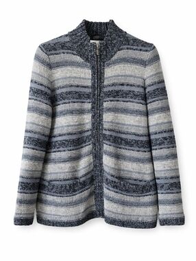 L.L.Bean Zip Front Knit Cardigan Sweater Womens L Blue Gray Marled Stripe Cotton